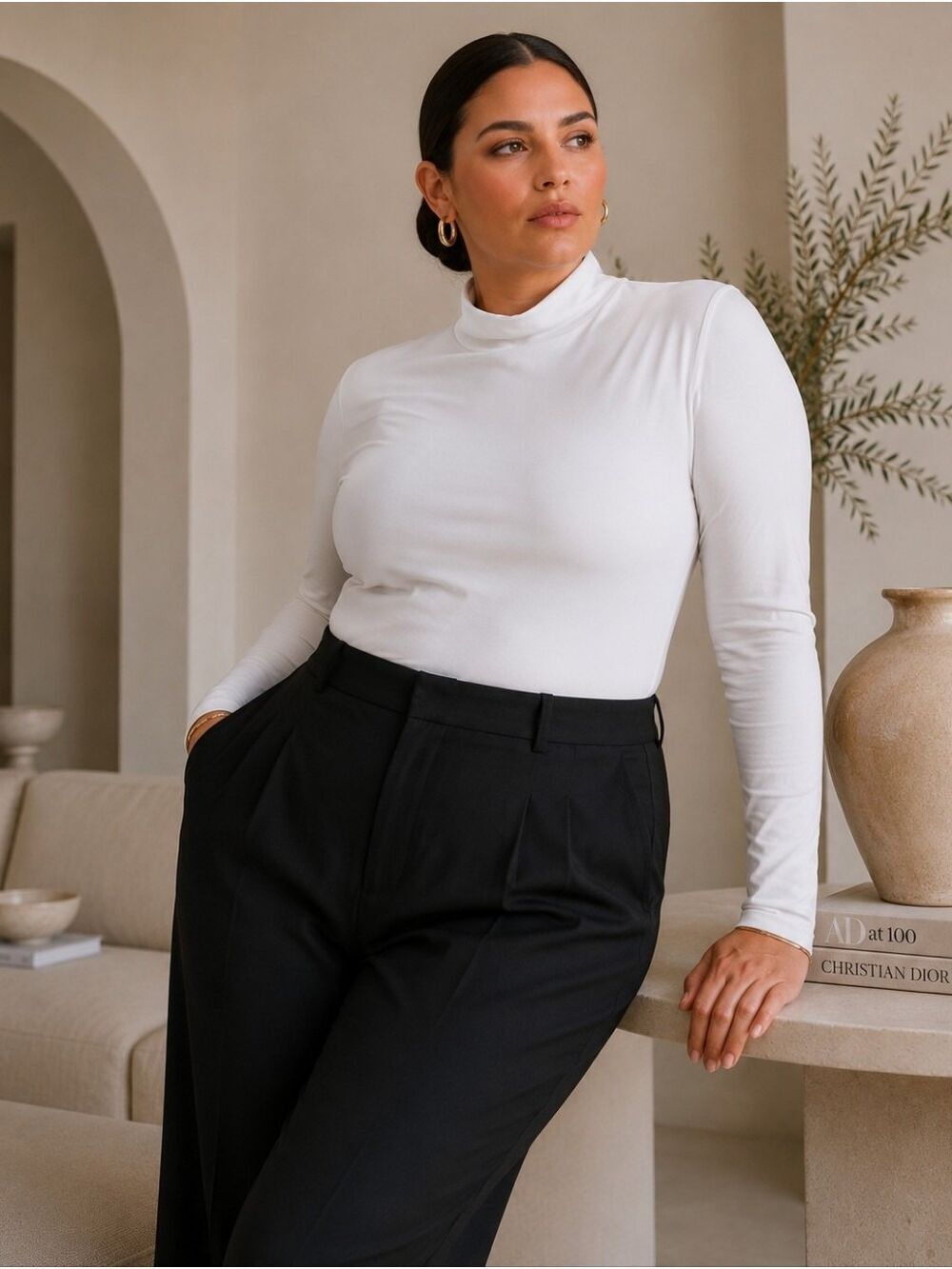 Smash + Tess White Long Sleeve Bodysuit Mock Neck Stretch Minimalist Capsule 2X